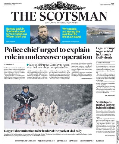 The Scotsman Newspaper Front Page for 20 January 2016