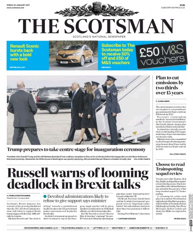 The Scotsman Newspaper Front Page for 20 January 2017