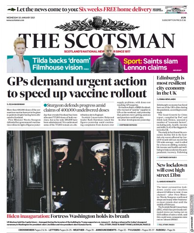 The Scotsman Newspaper Front Page for 20 January 2021