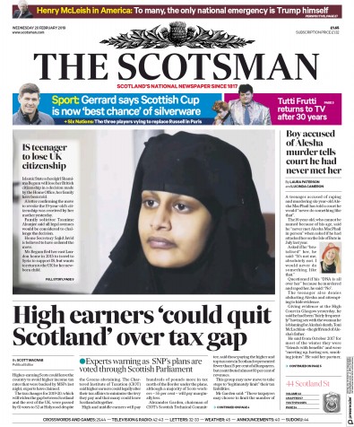 The Scotsman Newspaper Front Page for 20 February 2019