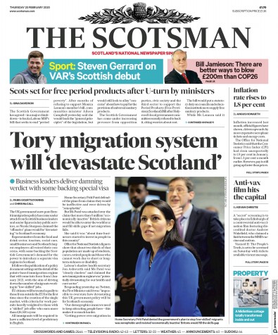 The Scotsman (UK) Newspaper Front Page for 20 February 2020