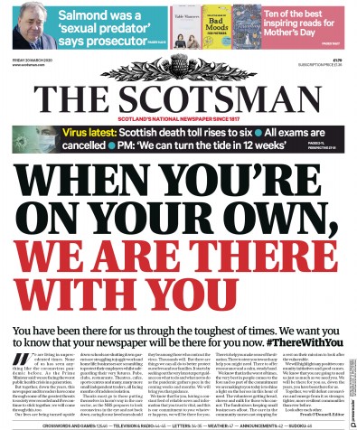 The Scotsman Newspaper Front Page for 20 March 2020