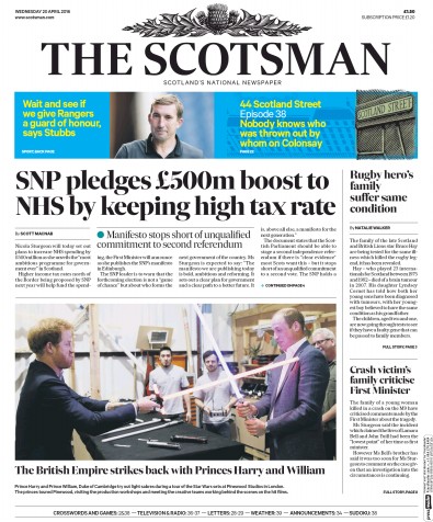 The Scotsman (UK) Newspaper Front Page for 20 April 2016