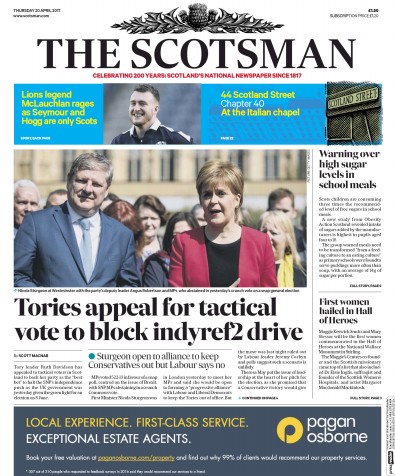 The Scotsman Newspaper Front Page for 20 April 2017