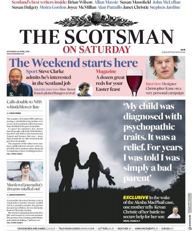 The Scotsman Newspaper Front Page for 20 April 2019