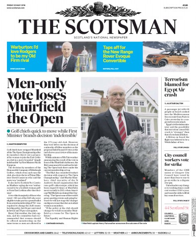The Scotsman Newspaper Front Page for 20 May 2016