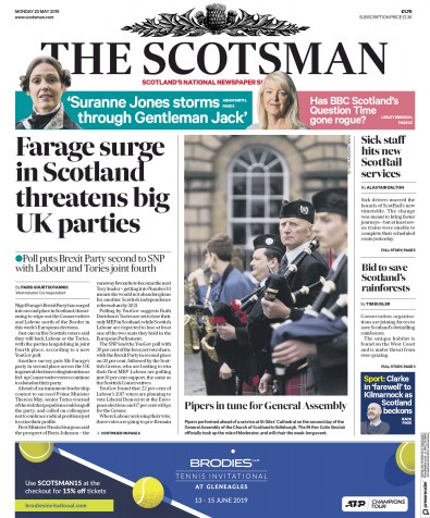 The Scotsman Newspaper Front Page for 20 May 2019