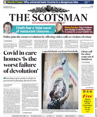 The Scotsman (UK) Newspaper Front Page for 20 May 2020