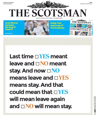 The Scotsman Newspaper Front Page for 20 June 2016
