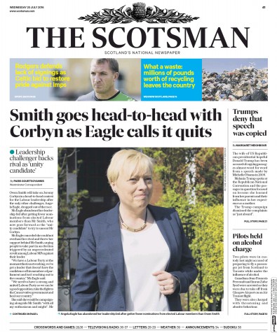 The Scotsman Newspaper Front Page for 20 July 2016
