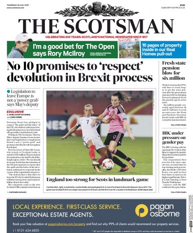 The Scotsman (UK) Newspaper Front Page for 20 July 2017