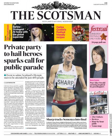 The Scotsman Newspaper Front Page for 20 August 2016