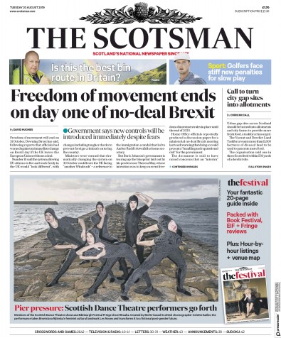 The Scotsman Newspaper Front Page for 20 August 2019