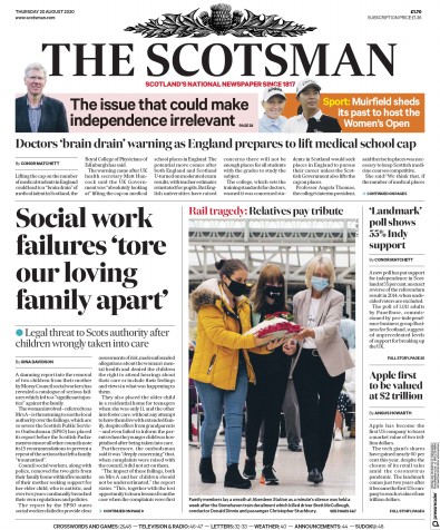 The Scotsman Newspaper Front Page for 20 August 2020