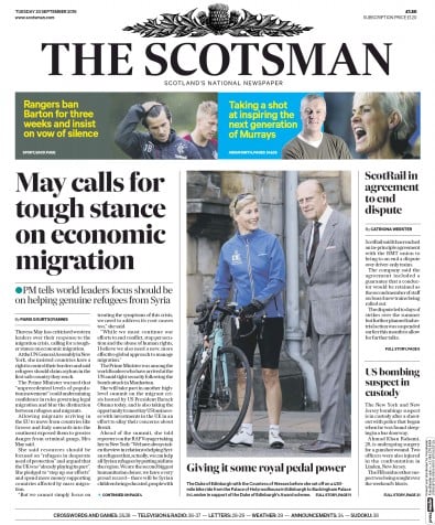 The Scotsman Newspaper Front Page for 20 September 2016