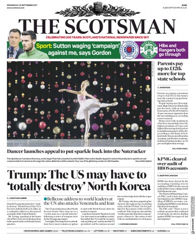 The Scotsman Newspaper Front Page for 20 September 2017