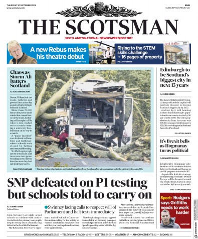 The Scotsman Newspaper Front Page for 20 September 2018