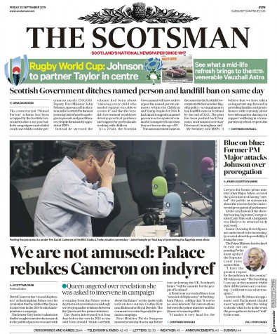 The Scotsman (UK) Newspaper Front Page for 20 September 2019