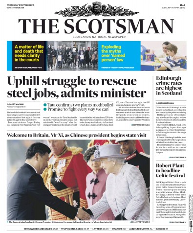The Scotsman Newspaper Front Page for 21 October 2015