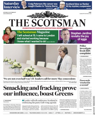 The Scotsman Newspaper Front Page for 21 October 2017