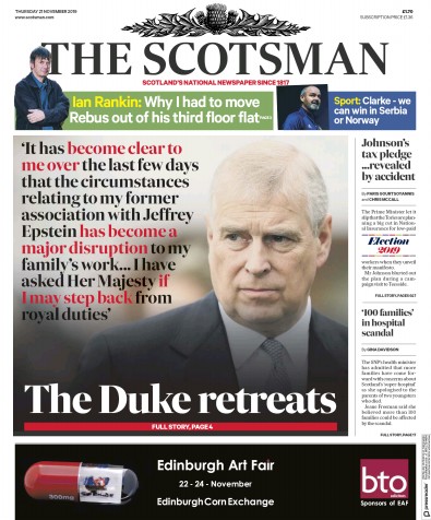 The Scotsman Newspaper Front Page for 21 November 2019