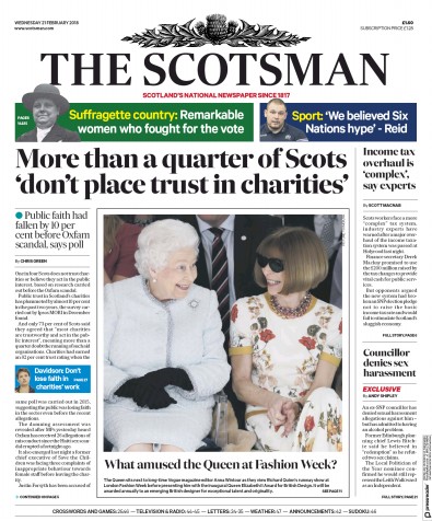 The Scotsman Newspaper Front Page for 21 February 2018