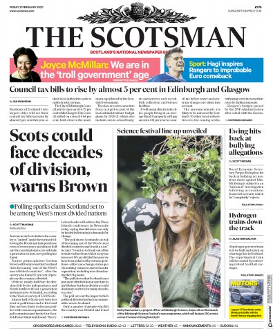 The Scotsman Newspaper Front Page for 21 February 2020