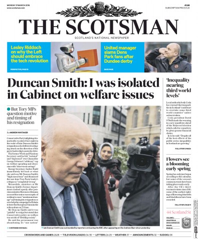 The Scotsman Newspaper Front Page for 21 March 2016