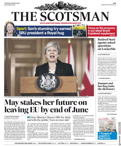 The Scotsman (UK) Newspaper Front Page for 21 March 2019