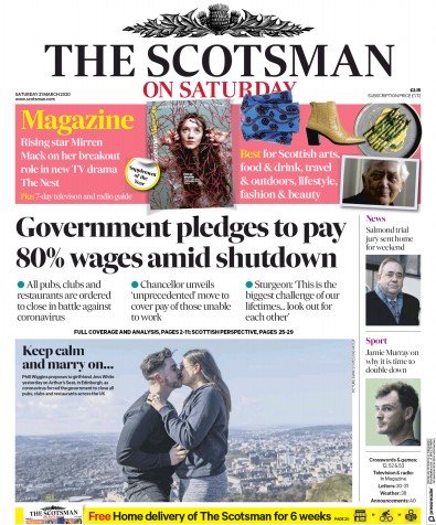 The Scotsman Newspaper Front Page for 21 March 2020