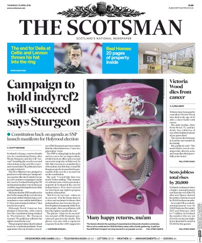The Scotsman Newspaper Front Page for 21 April 2016