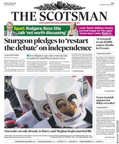The Scotsman Newspaper Front Page for 21 May 2018