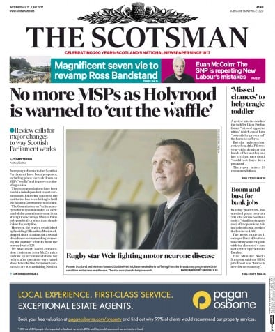 The Scotsman Newspaper Front Page for 21 June 2017