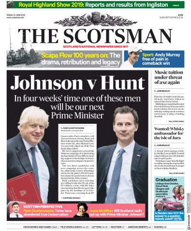 The Scotsman Newspaper Front Page for 21 June 2019