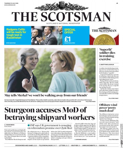The Scotsman Newspaper Front Page for 21 July 2016