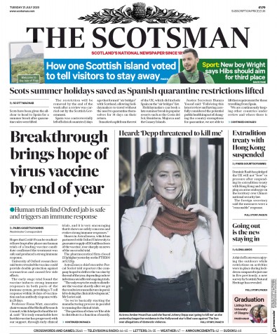 The Scotsman (UK) Newspaper Front Page for 21 July 2020
