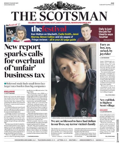The Scotsman Newspaper Front Page for 21 August 2017