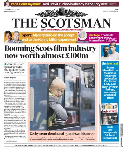 The Scotsman Newspaper Front Page for 21 August 2018