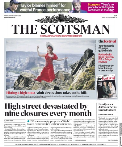 The Scotsman Newspaper Front Page for 21 August 2019