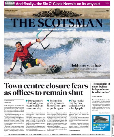 The Scotsman Newspaper Front Page for 21 August 2020