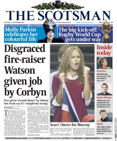 The Scotsman Newspaper Front Page for 21 September 2015
