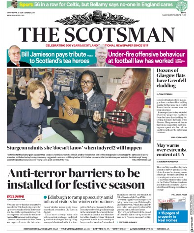 The Scotsman Newspaper Front Page for 21 September 2017