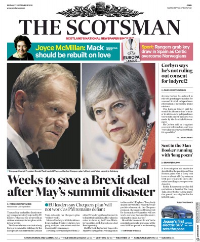 The Scotsman (UK) Newspaper Front Page for 21 September 2018