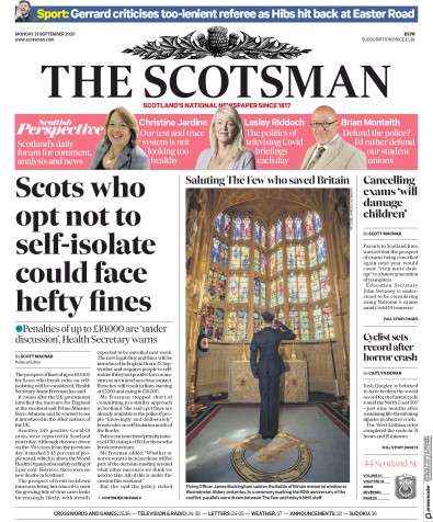 The Scotsman (UK) Newspaper Front Page for 21 September 2020