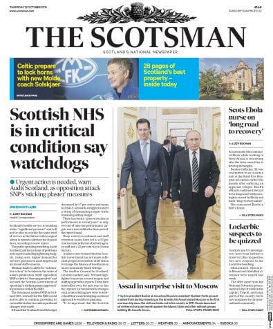 The Scotsman Newspaper Front Page for 22 October 2015