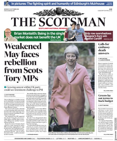 The Scotsman Newspaper Front Page for 22 October 2018