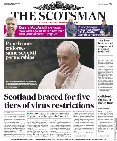 The Scotsman Newspaper Front Page for 22 October 2020