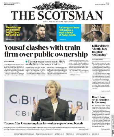 The Scotsman Newspaper Front Page for 22 November 2016