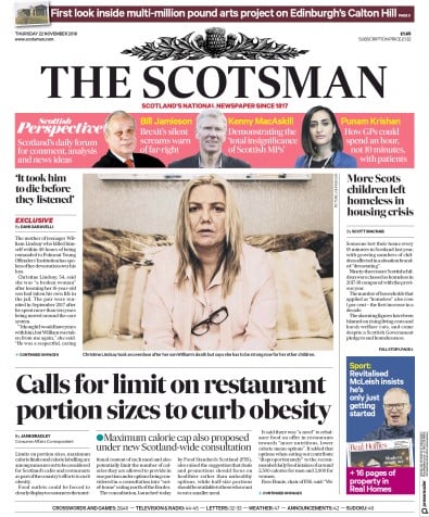 The Scotsman Newspaper Front Page for 22 November 2018
