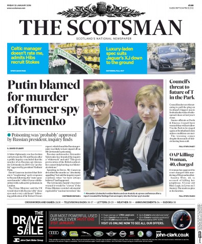 The Scotsman Newspaper Front Page for 22 January 2016
